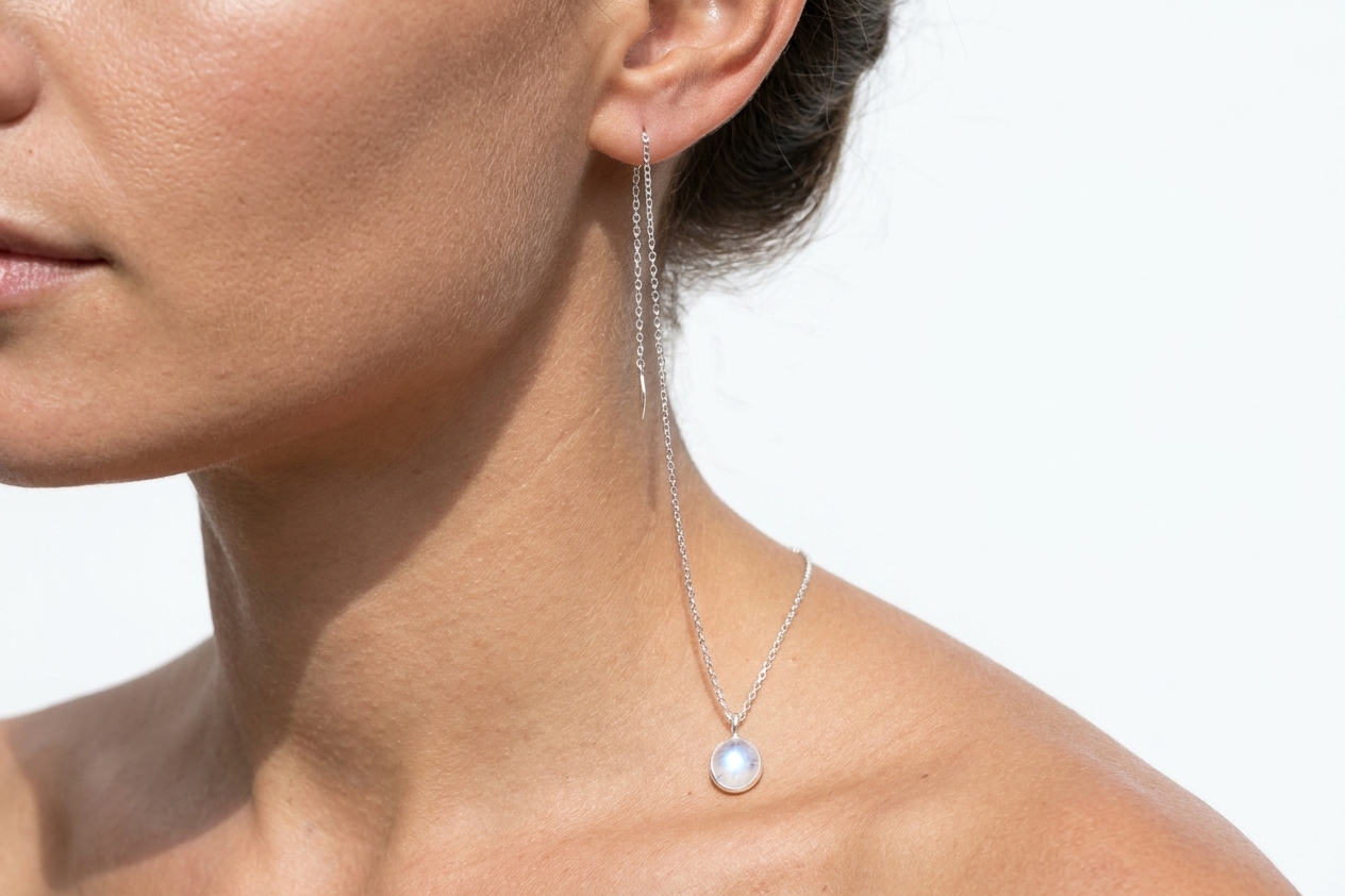 Whisper — silver ear-to-neck chain with moonstone